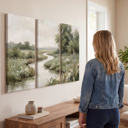 A narrow winding stream through quiet green meadows and trees 3 piece canvas wall art three panel arrangement on a wall