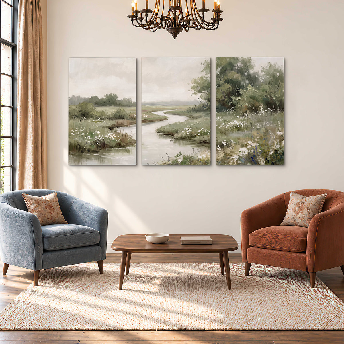A narrow winding stream through quiet green meadows and trees 3 piece canvas wall art styled in an interior