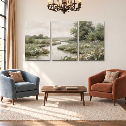 A narrow winding stream through quiet green meadows and trees 3 piece canvas wall art styled in an interior