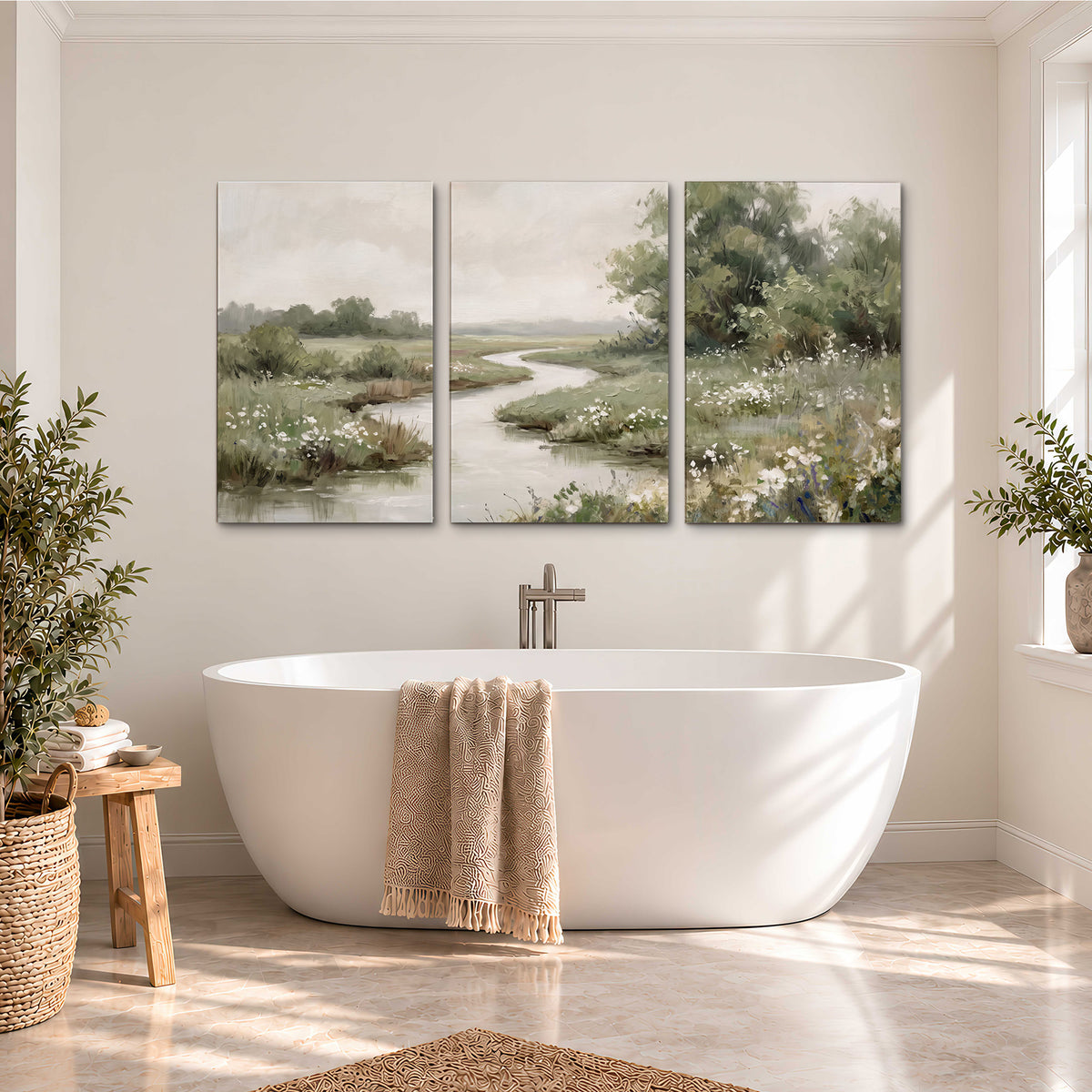A narrow winding stream through quiet green meadows and trees 3 piece canvas wall art styled in an interior