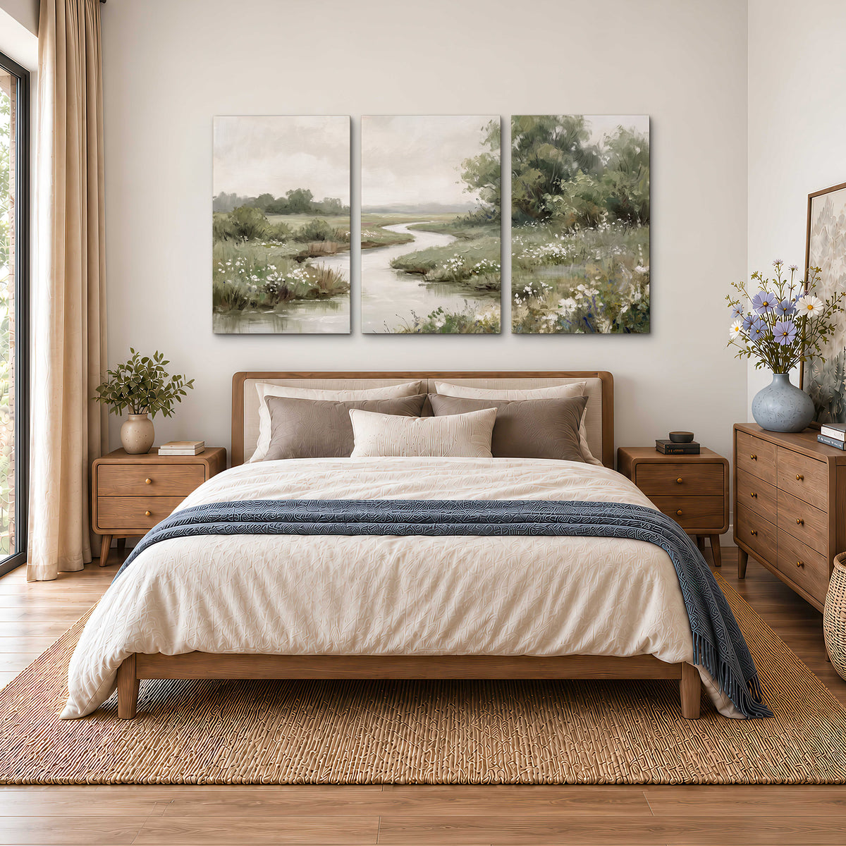 A narrow winding stream through quiet green meadows and trees 3 piece canvas wall art styled in an interior