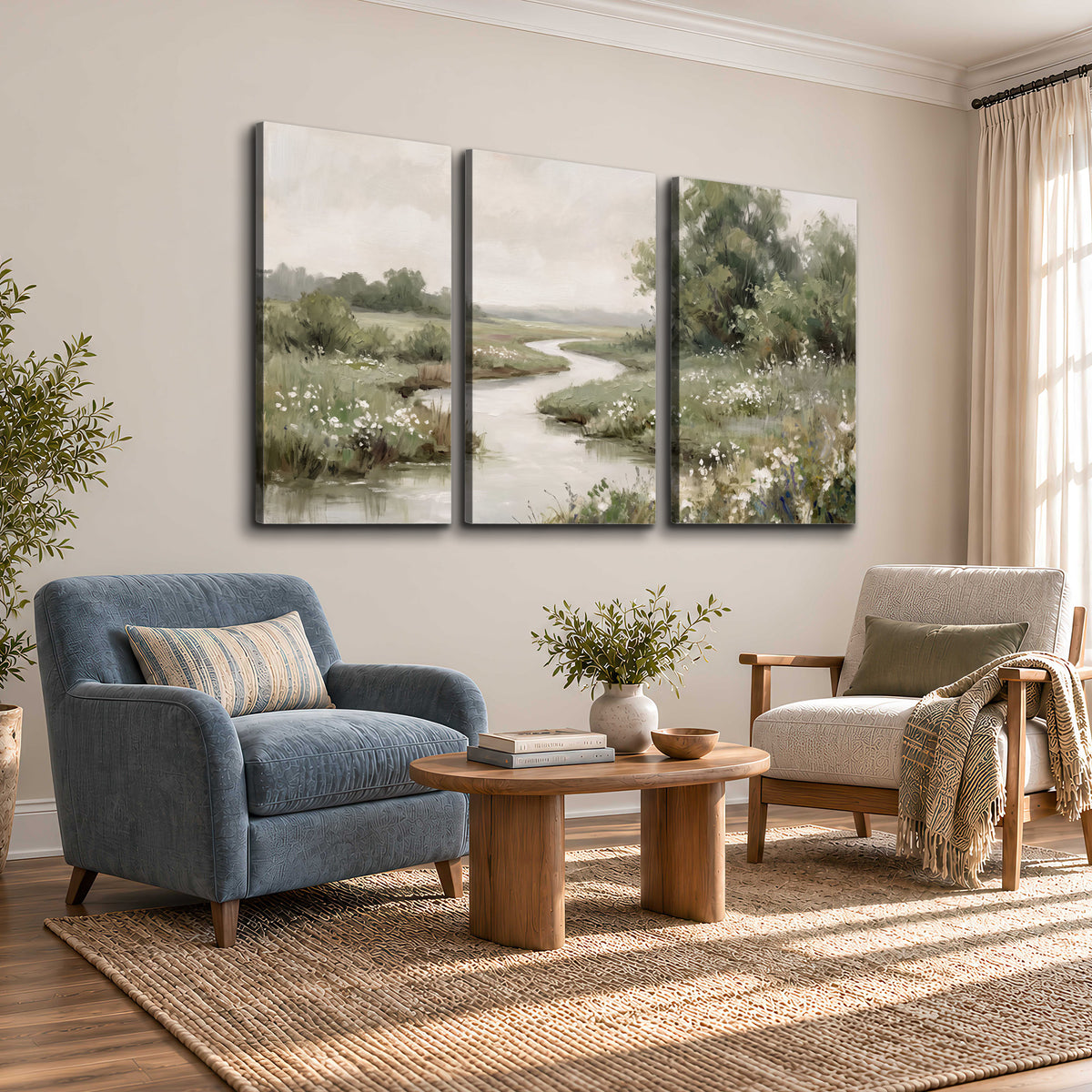 A narrow winding stream through quiet green meadows and trees 3 piece canvas wall art styled in an interior