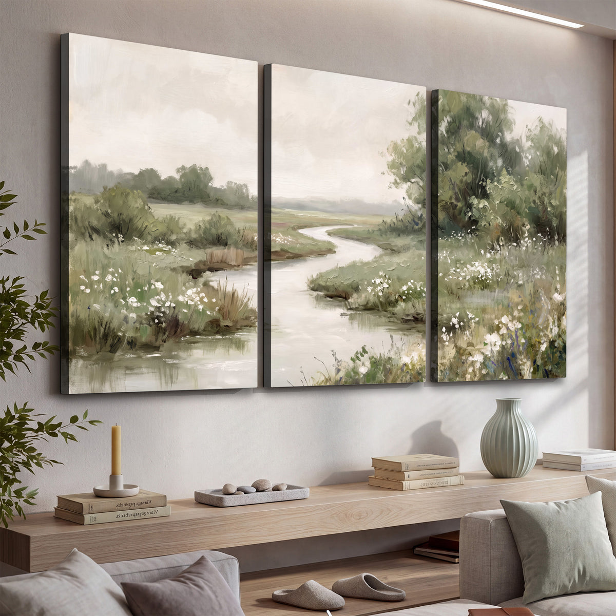 A narrow winding stream through quiet green meadows and trees 3 piece canvas wall art displayed in a console