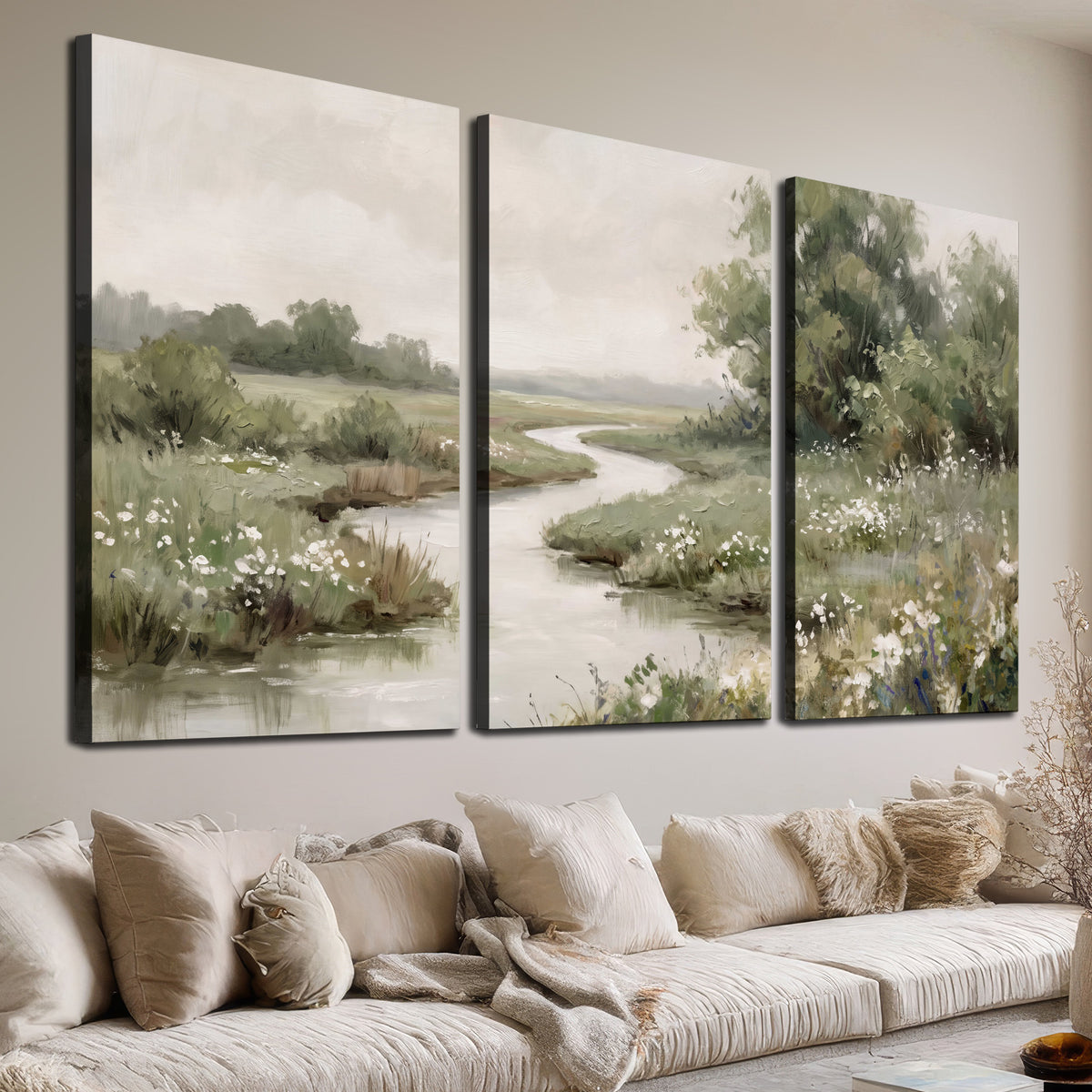 A narrow winding stream through quiet green meadows and trees 3 piece canvas wall art room and product view