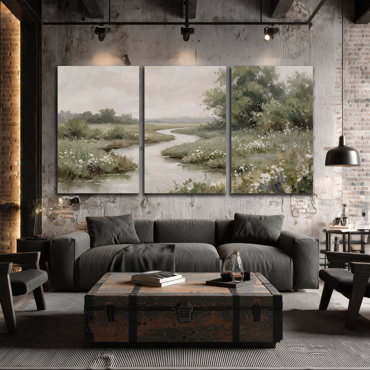 A narrow winding stream through quiet green meadows and trees 3 piece canvas wall art displayed in a industrial room
