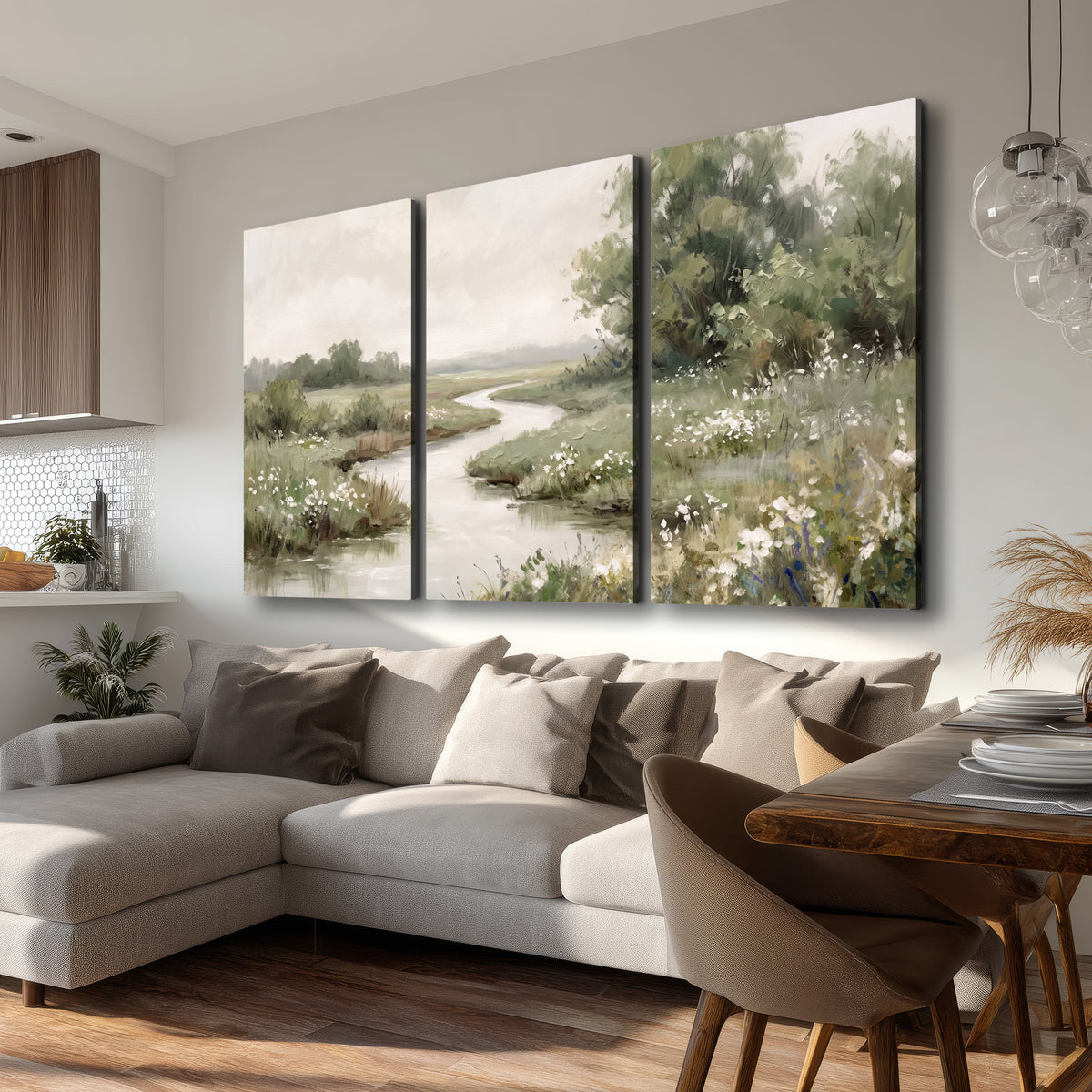 A narrow winding stream through quiet green meadows and trees 3 piece canvas wall art room and product view