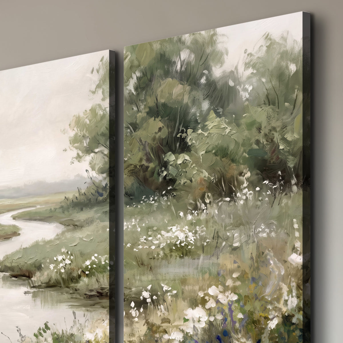 A narrow winding stream through quiet green meadows and trees 3 piece canvas wall art room and product view
