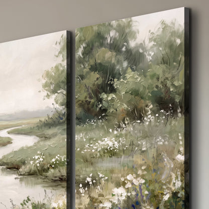 A narrow winding stream through quiet green meadows and trees 3 piece canvas wall art room and product view