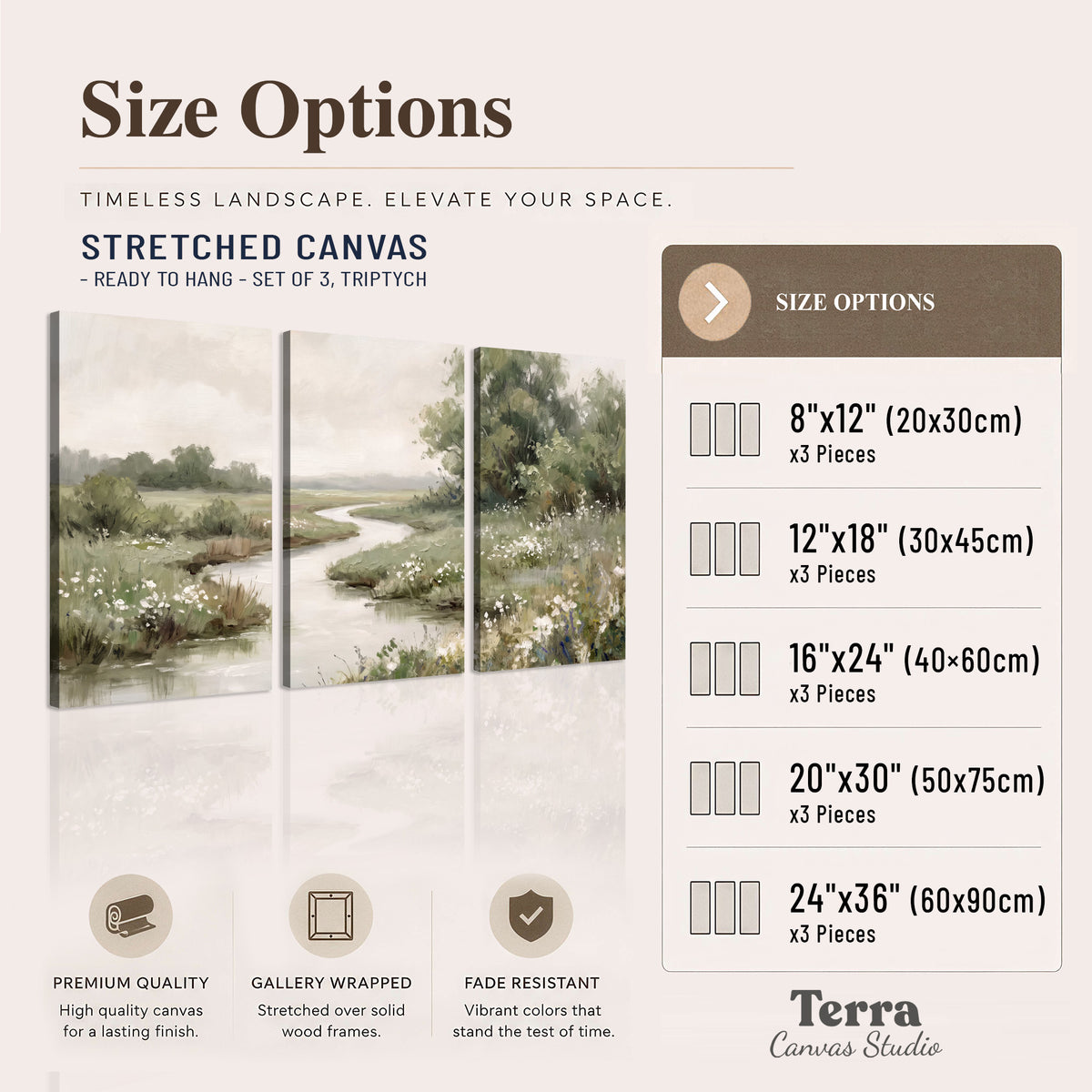 A narrow winding stream through quiet green meadows and trees 3 piece canvas wall art available dimensions; triptych dimensions are per panel