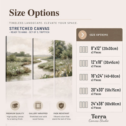 A narrow winding stream through quiet green meadows and trees 3 piece canvas wall art available dimensions; triptych dimensions are per panel