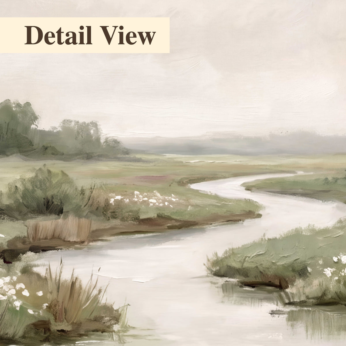 A narrow winding stream through quiet green meadows and trees 3 piece canvas wall art artwork detail close up