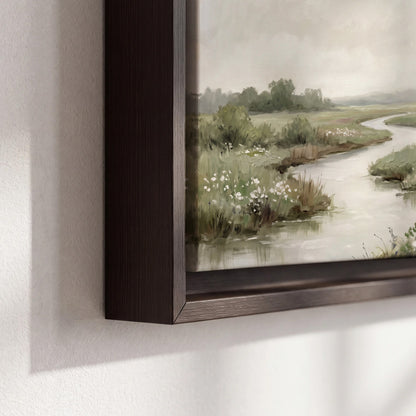 A narrow winding stream through quiet green meadows and trees 3 piece framed canvas wall art material and edge close up