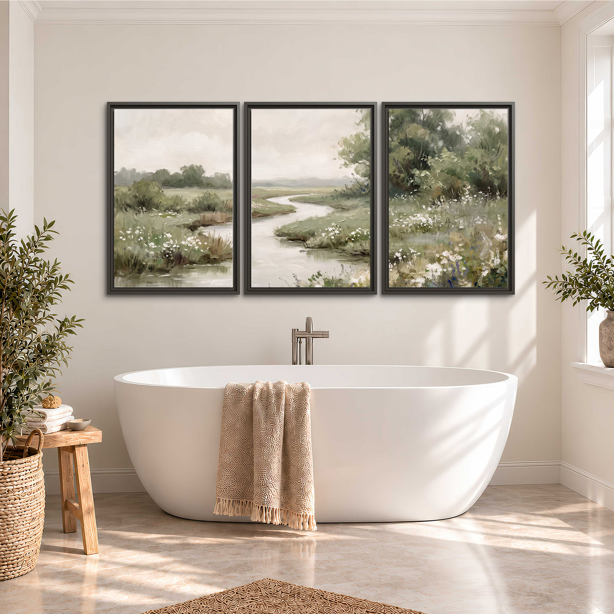 A narrow winding stream through quiet green meadows and trees 3 piece framed canvas wall art styled in an interior