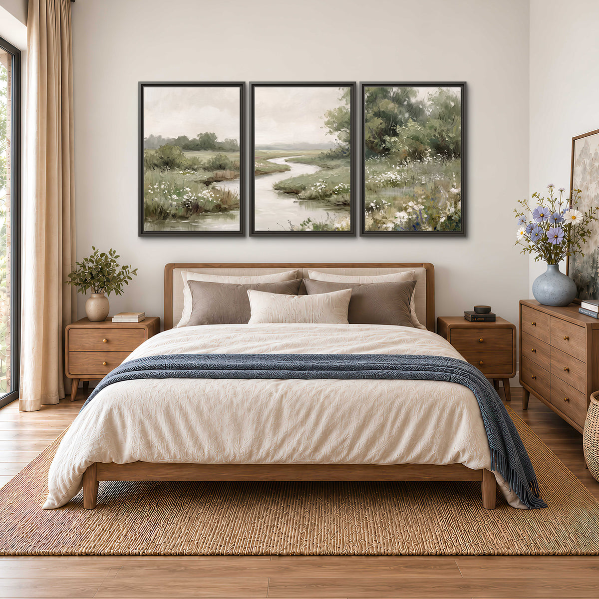 A narrow winding stream through quiet green meadows and trees 3 piece framed canvas wall art styled in an interior