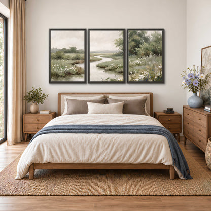 A narrow winding stream through quiet green meadows and trees 3 piece framed canvas wall art styled in an interior