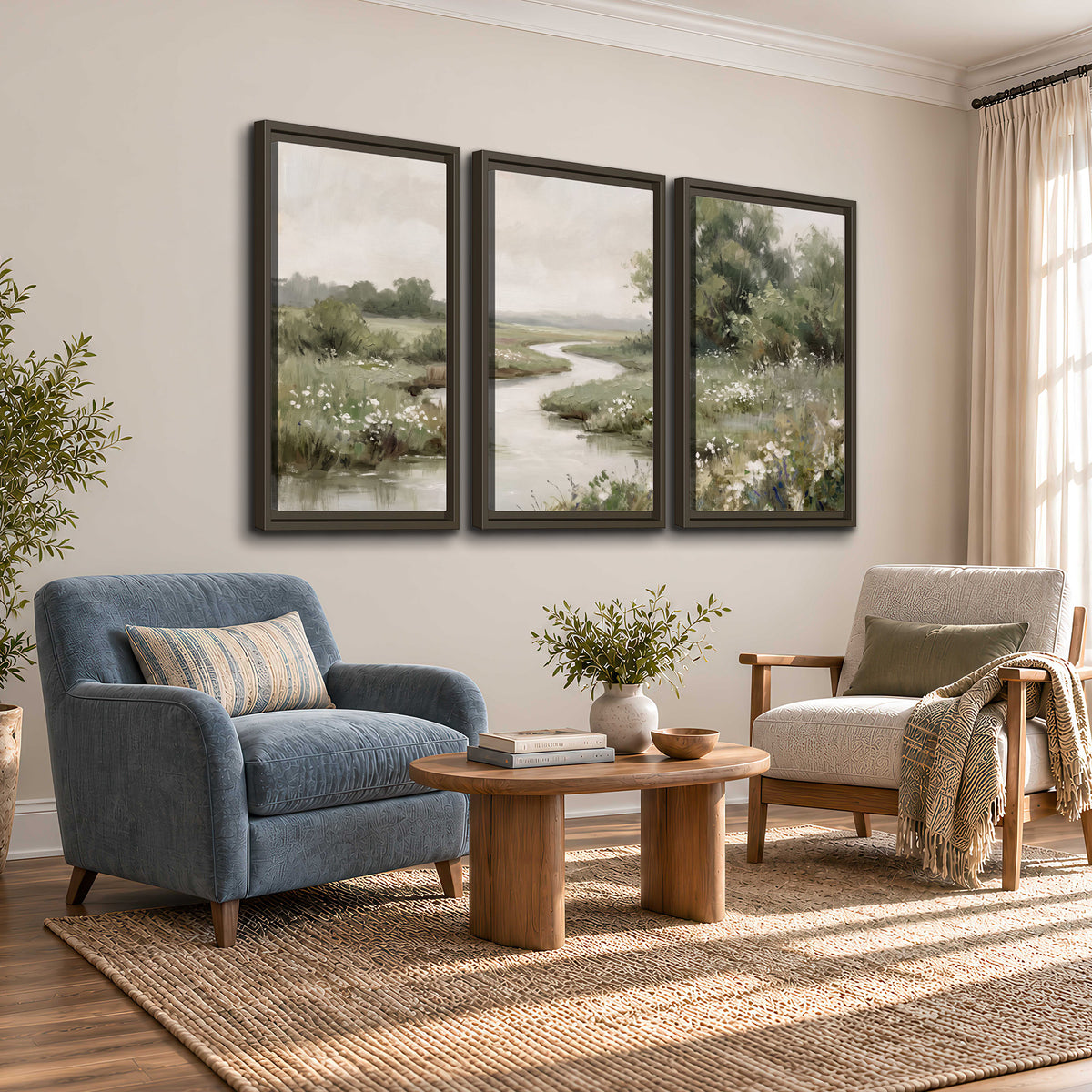 A narrow winding stream through quiet green meadows and trees 3 piece framed canvas wall art styled in an interior
