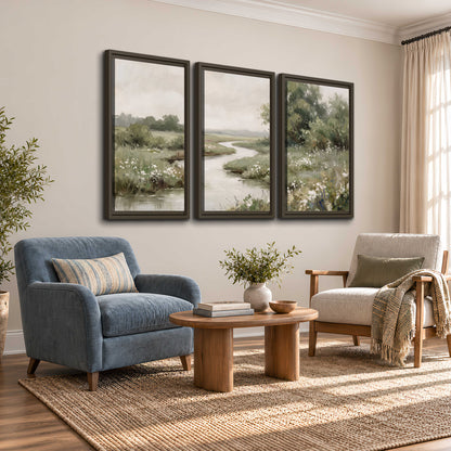 A narrow winding stream through quiet green meadows and trees 3 piece framed canvas wall art styled in an interior