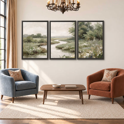 A narrow winding stream through quiet green meadows and trees 3 piece framed canvas wall art styled in an interior