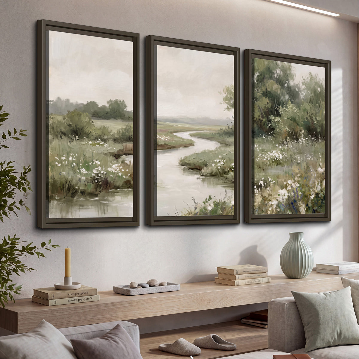 A narrow winding stream through quiet green meadows and trees 3 piece framed canvas wall art displayed in a console