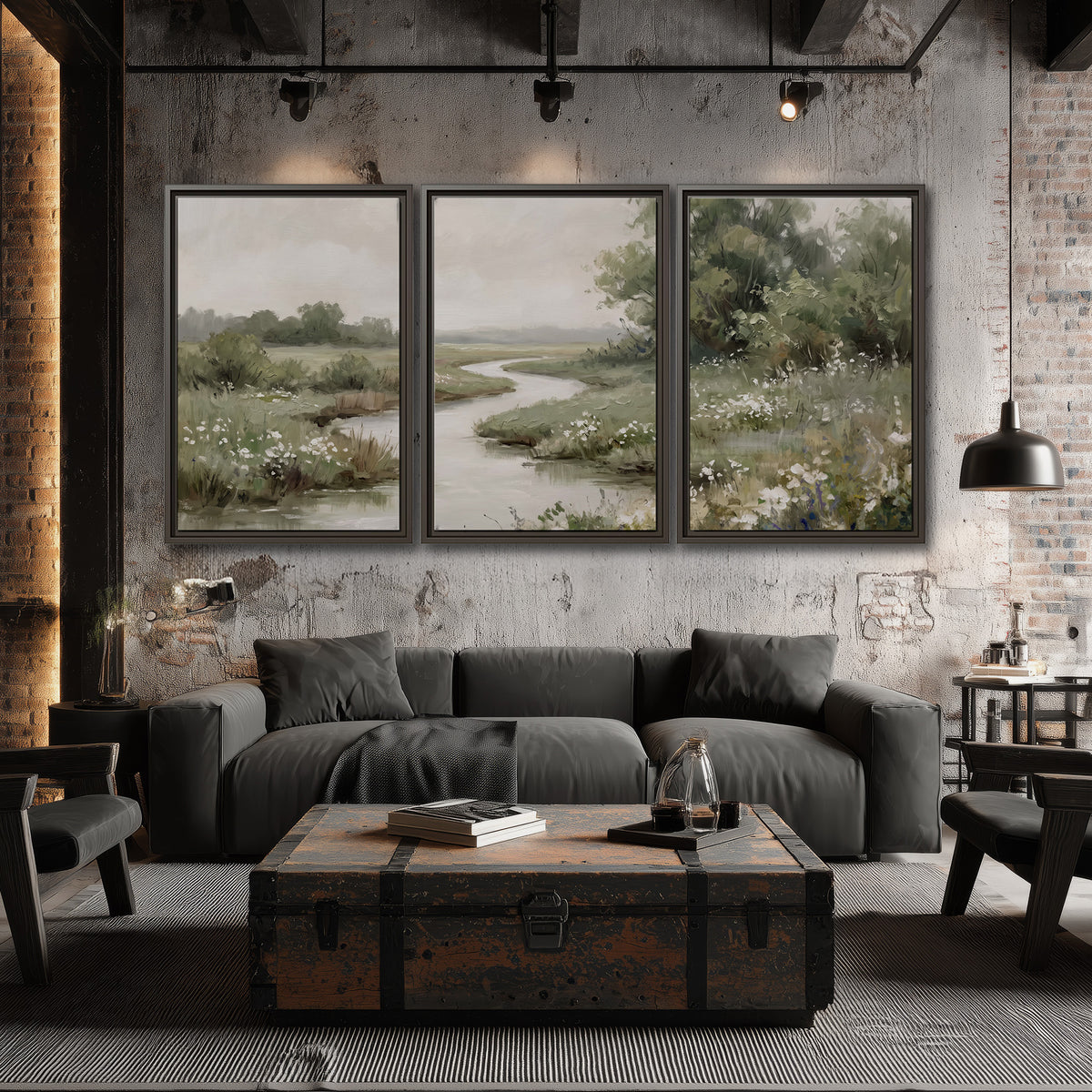 A narrow winding stream through quiet green meadows and trees 3 piece framed canvas wall art displayed in a industrial room