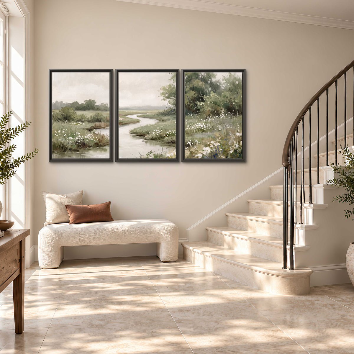 A narrow winding stream through quiet green meadows and trees 3 piece framed canvas wall art styled in an interior