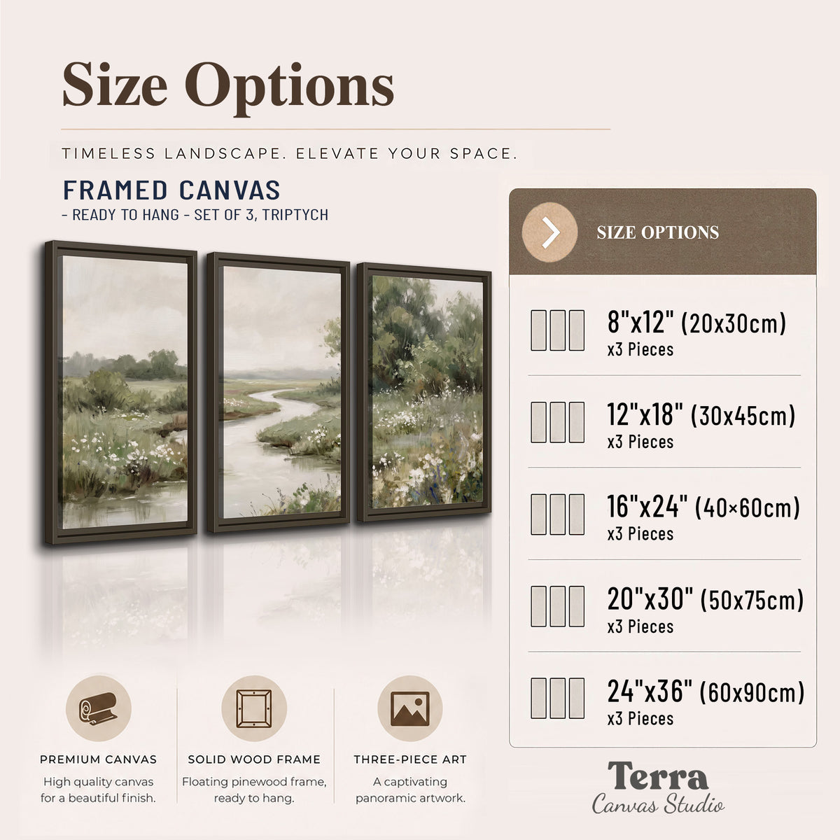 A narrow winding stream through quiet green meadows and trees 3 piece framed canvas wall art available dimensions; triptych dimensions are per panel