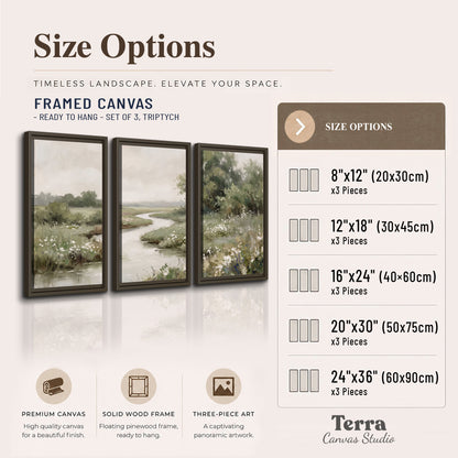 A narrow winding stream through quiet green meadows and trees 3 piece framed canvas wall art available dimensions; triptych dimensions are per panel