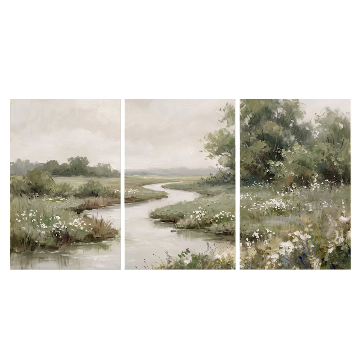 A narrow winding stream through quiet green meadows and trees set of 3 poster prints viewed straight on