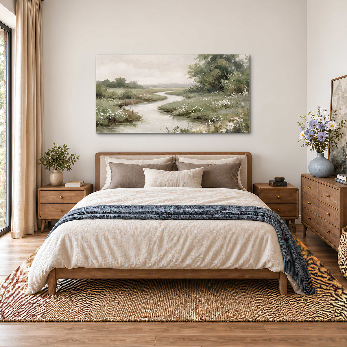 A narrow winding stream through quiet green meadows and trees single canvas wall art styled in an interior