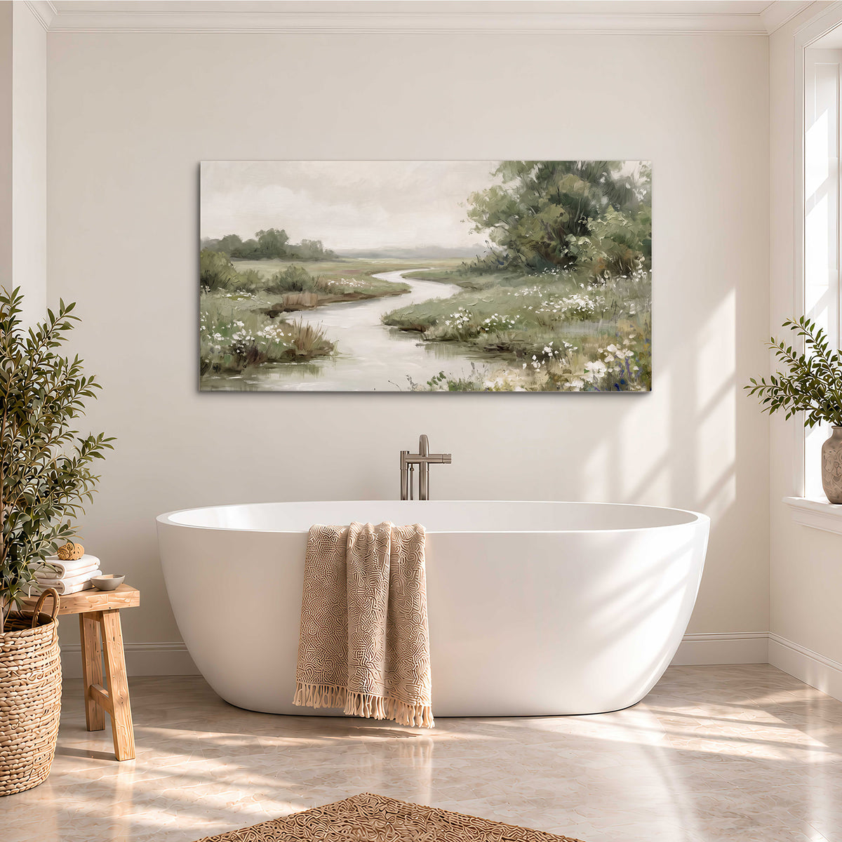 A narrow winding stream through quiet green meadows and trees single canvas wall art styled in an interior