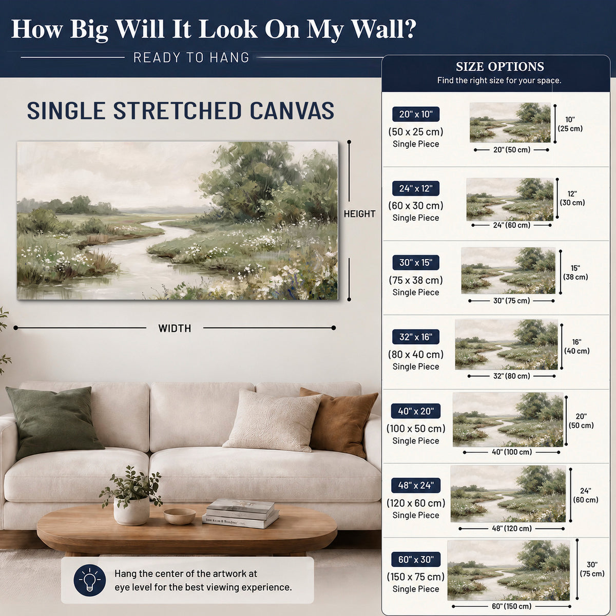 A narrow winding stream through quiet green meadows and trees single canvas wall art size guide above a sofa; room view is illustrative