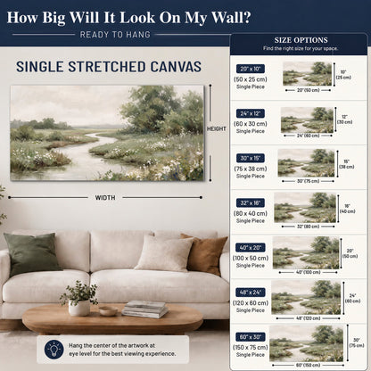 A narrow winding stream through quiet green meadows and trees single canvas wall art size guide above a sofa; room view is illustrative