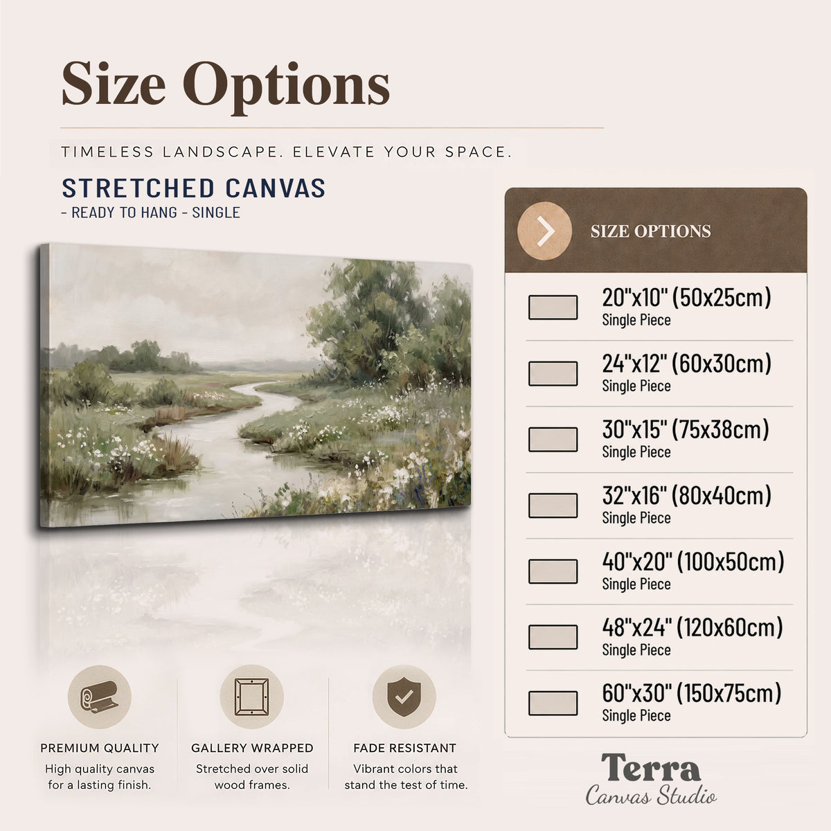 A narrow winding stream through quiet green meadows and trees single canvas wall art available dimensions