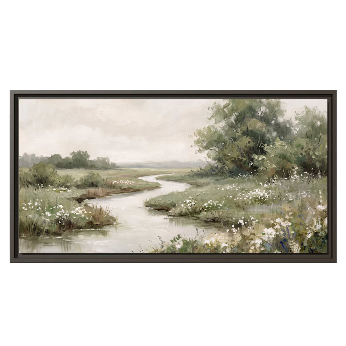 A narrow winding stream through quiet green meadows and trees single framed canvas wall art viewed straight on