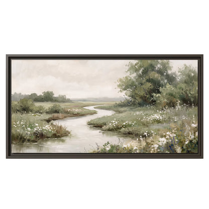 A narrow winding stream through quiet green meadows and trees single framed canvas wall art viewed straight on