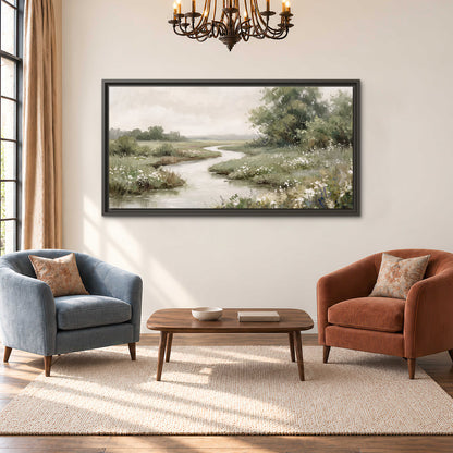 A narrow winding stream through quiet green meadows and trees single framed canvas wall art styled in an interior