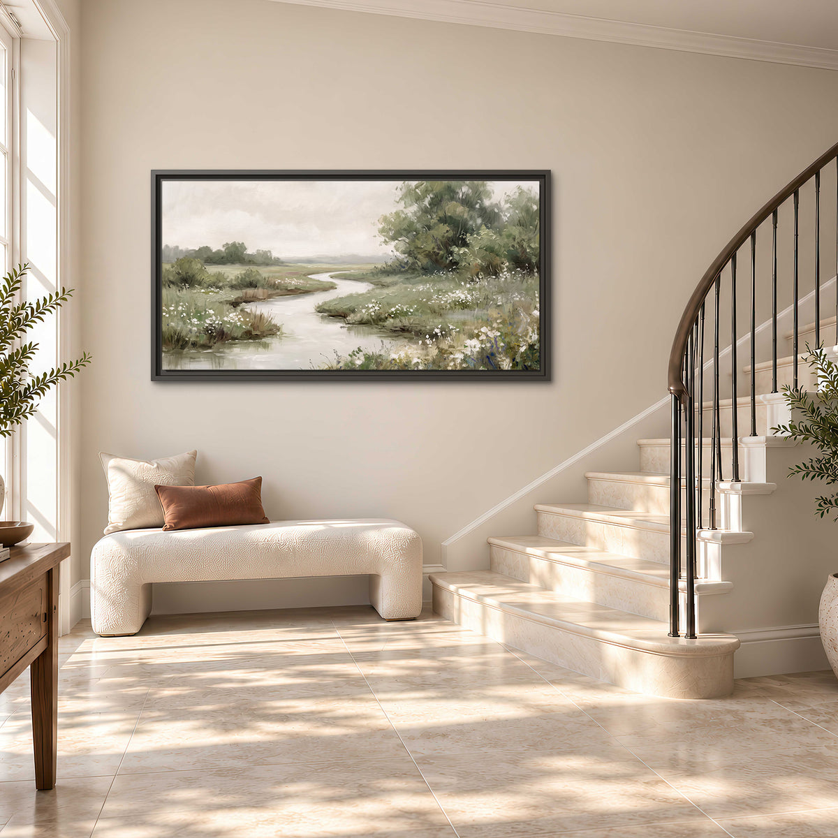 A narrow winding stream through quiet green meadows and trees single framed canvas wall art styled in an interior