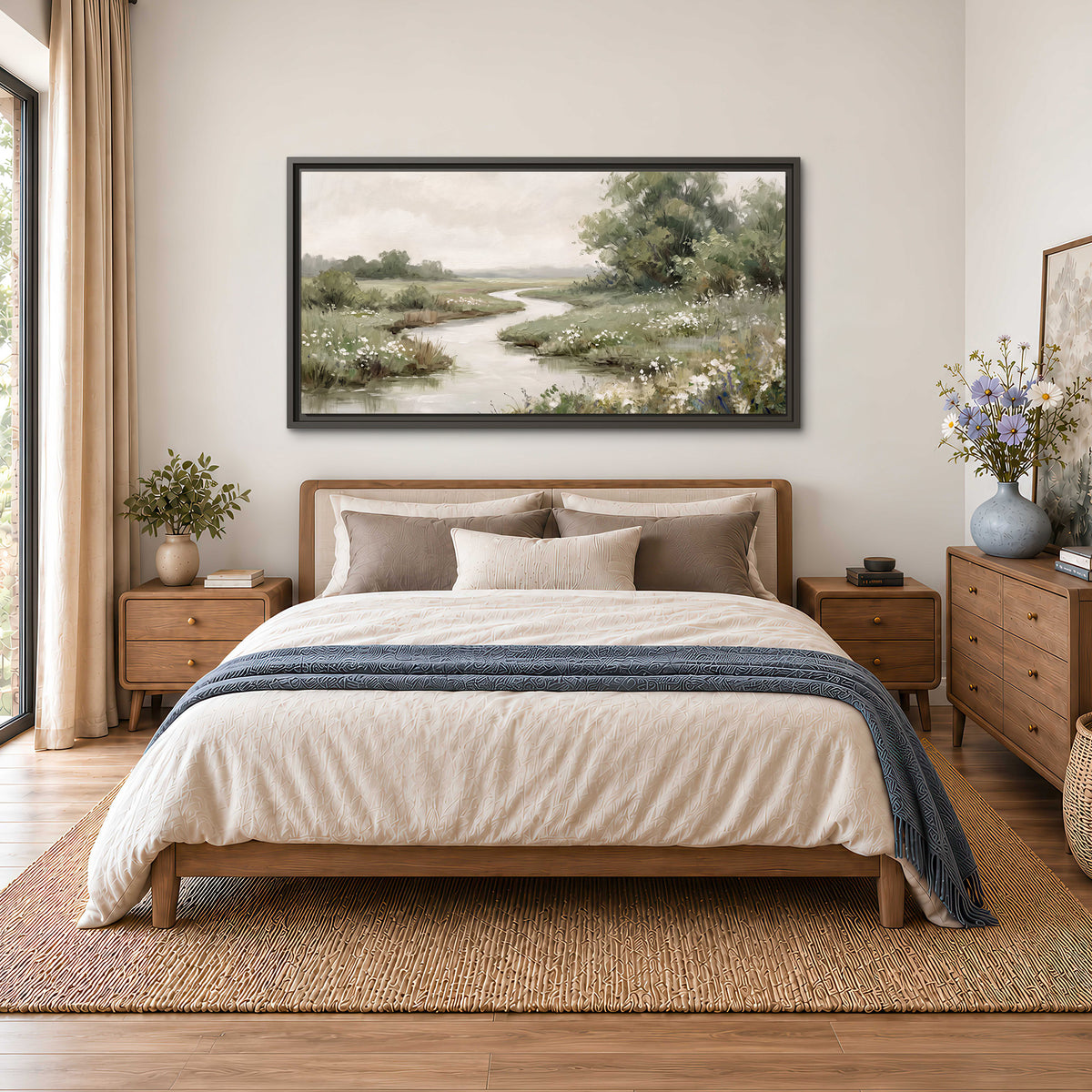 A narrow winding stream through quiet green meadows and trees single framed canvas wall art styled in an interior
