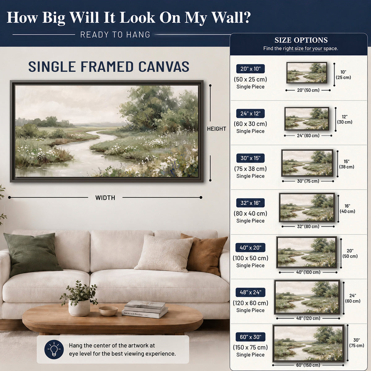 A narrow winding stream through quiet green meadows and trees single framed canvas wall art size guide above a sofa; room view is illustrative