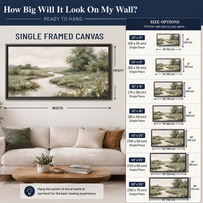 A narrow winding stream through quiet green meadows and trees single framed canvas wall art size guide above a sofa; room view is illustrative