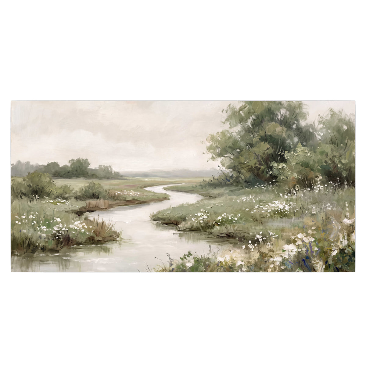 A narrow winding stream through quiet green meadows and trees single poster print viewed straight on