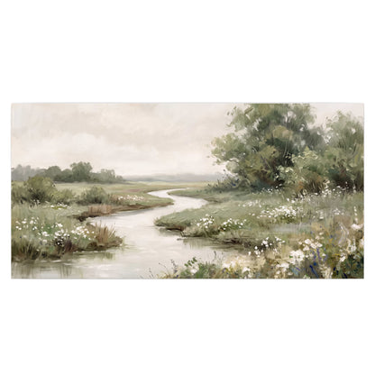 A narrow winding stream through quiet green meadows and trees single poster print viewed straight on