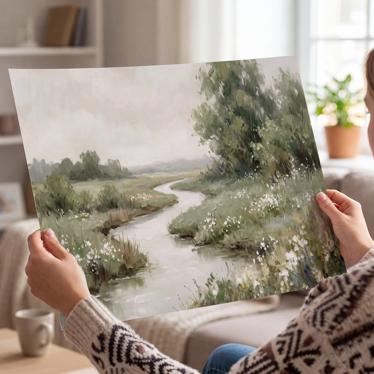 A narrow winding stream through quiet green meadows and trees single poster print held in hands