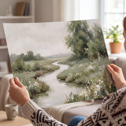 A narrow winding stream through quiet green meadows and trees single poster print held in hands