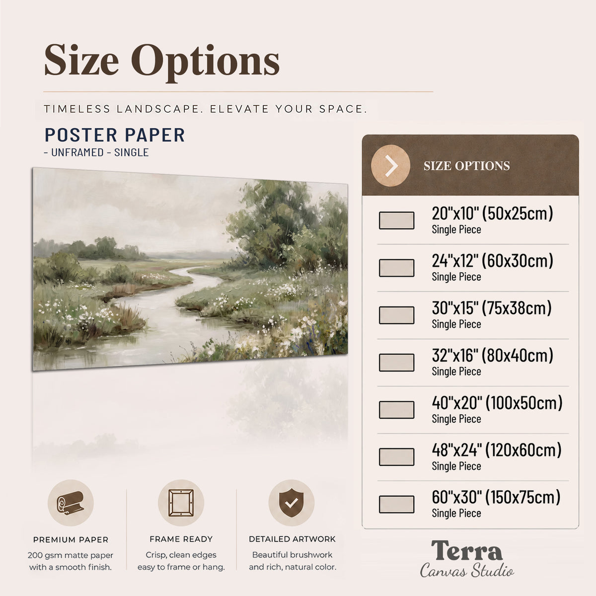 A narrow winding stream through quiet green meadows and trees single poster print available dimensions