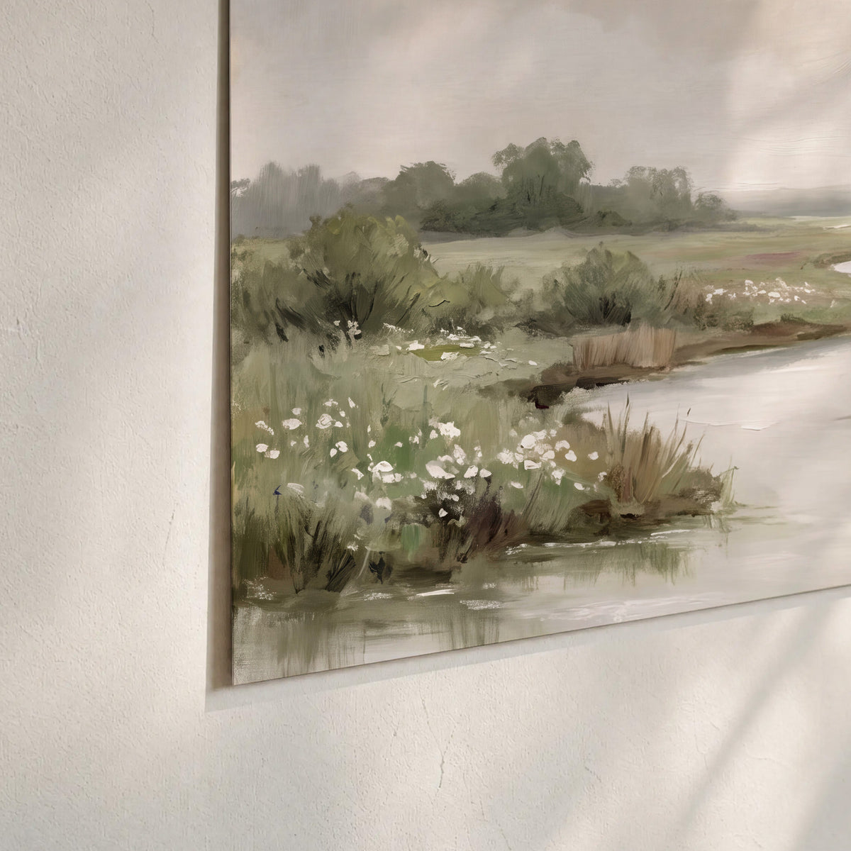 A narrow winding stream through quiet green meadows and trees set of 3 poster prints material and edge close up
