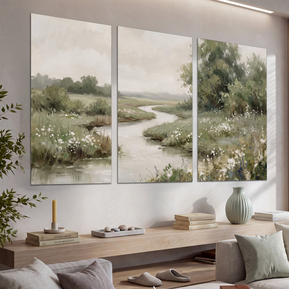 A narrow winding stream through quiet green meadows and trees set of 3 poster prints displayed in a console