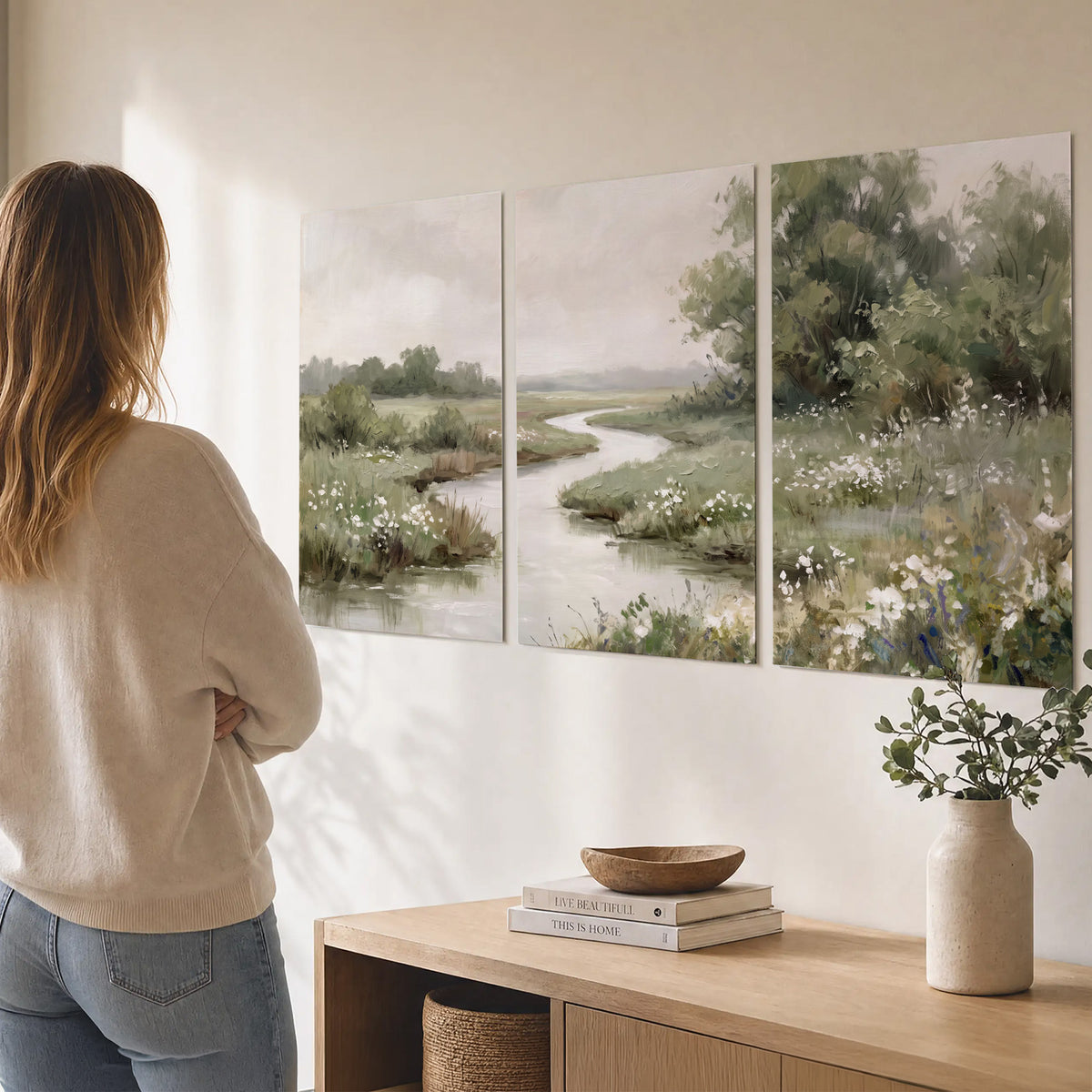 A narrow winding stream through quiet green meadows and trees set of 3 poster prints three panel arrangement on a wall