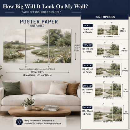 A narrow winding stream through quiet green meadows and trees set of 3 poster prints size guide above a sofa; room view is illustrative