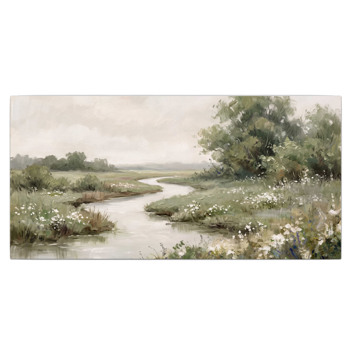 A narrow winding stream through quiet green meadows and trees single canvas wall art viewed straight on